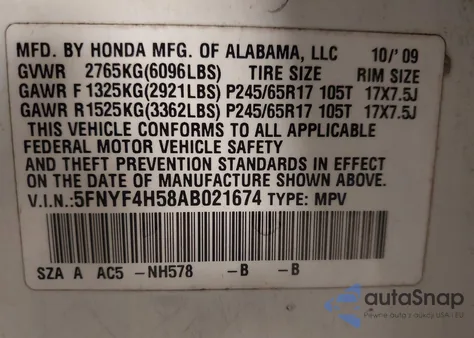 2010 Honda Pilot Ex-L from USA, damaged, VIN 5FNYF4H58AB021674